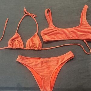 Sparkley Orange And Gold 3 Piece Bikini Set